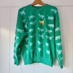 Vintage USPP Adorable Cat Lady Sweatshirt Sz M Green Cottage Cozy Whimsy Animal